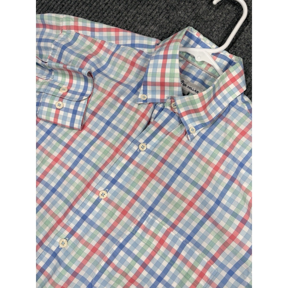 Peter Millar Men's Medium Plaid Button Down Shirt Blue Pink Green Long Sleeve